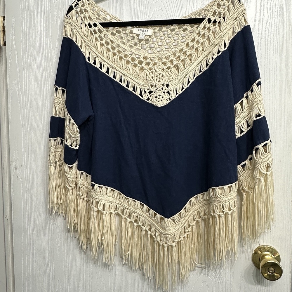Umgee Crochet Fringe Tunic Top Boho Festival Beachy Cover Up Navy Cream Size Med - Picture 2 of 7